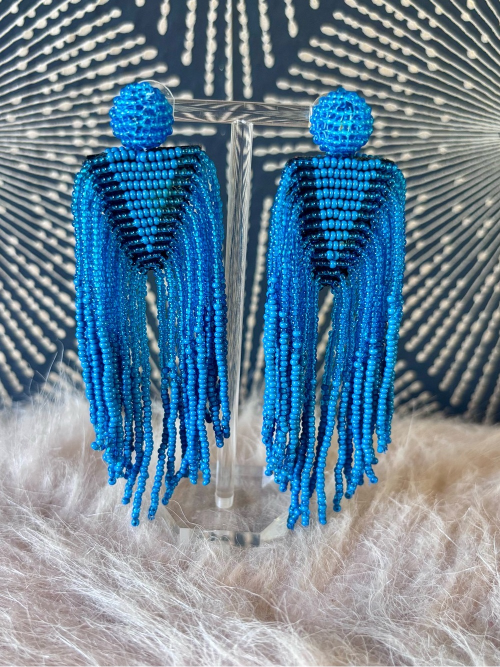 Deepa Gurnani Blue Beaded Fringe Statement Earrings
